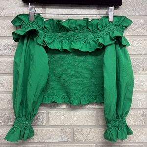 Emerald Green Off-Shoulder Ruffle Crop Top Size M